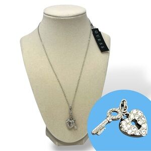 GUESS Silver Heart & Key Necklace 18” Crystal Lock Charm NWT